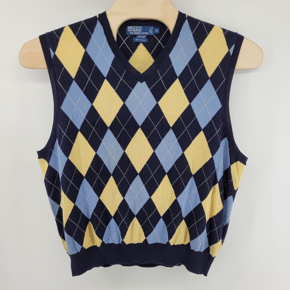 Polo Ralph Lauren Mens XL Argyle Sweater Vest V Neck Cotton Navy Blue‎ Yellow